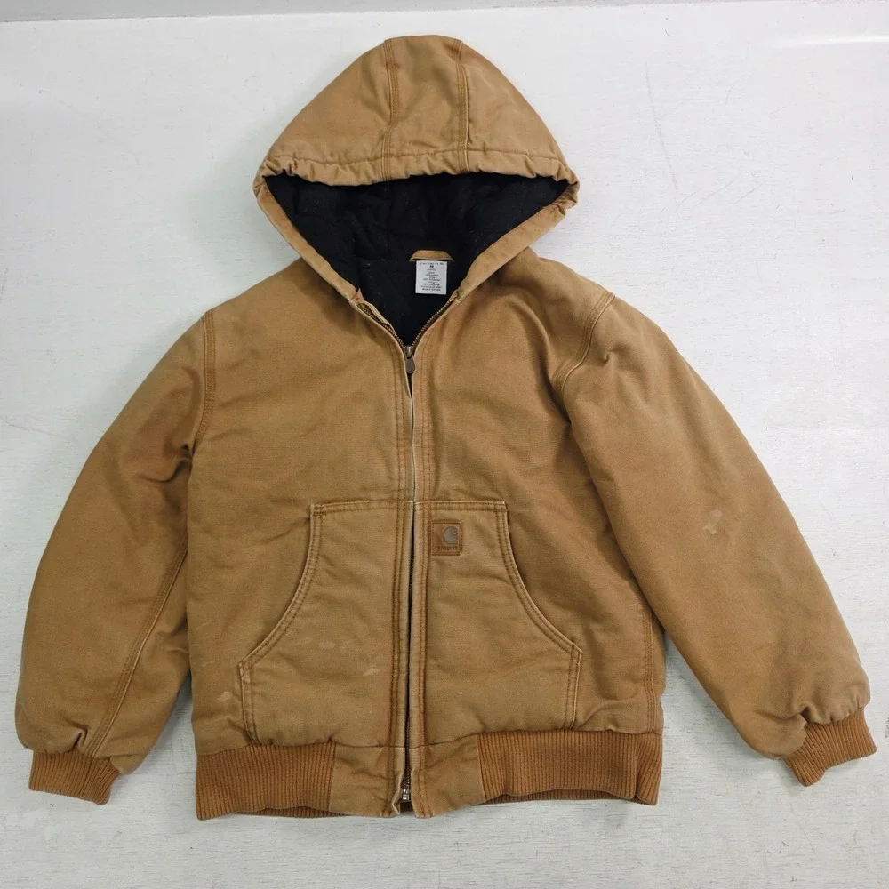 Carhartt Jacket Youth Medium 10/12 Brown Hooded Quilt Lined Duck‎ Workwear Zip